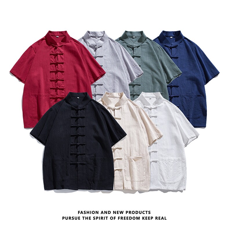 现货主推棉麻衬衫唐装一字扣短袖T中风半袖男上衣CS08-P55，男装衬衫，星座217-5