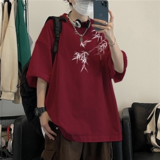 抖音品质直播得物风新中式竹叶印花短袖T恤dcm298-特批20控38，男装T恤，星座605(原A050)