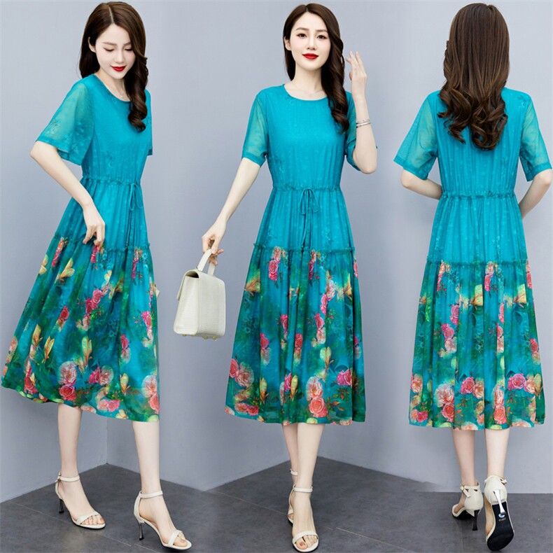 2023夏季女装新款时尚舒适洋气可调节抽绳收腰印花大码妈妈连衣裙，女装大码女装，魅衣本色