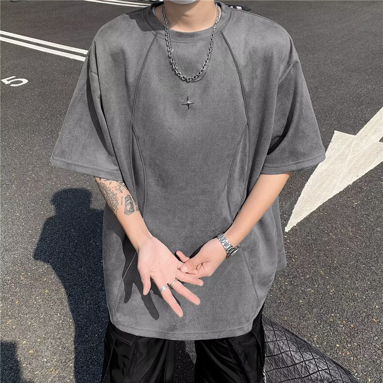 美式高街解构反光条宽松短袖t恤男生夏季潮牌复古麂皮绒T5575/P35,男装T恤,星座506