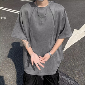 美式高街解构反光条宽松短袖t恤男生夏季潮牌复古麂皮绒T5575/P35图片