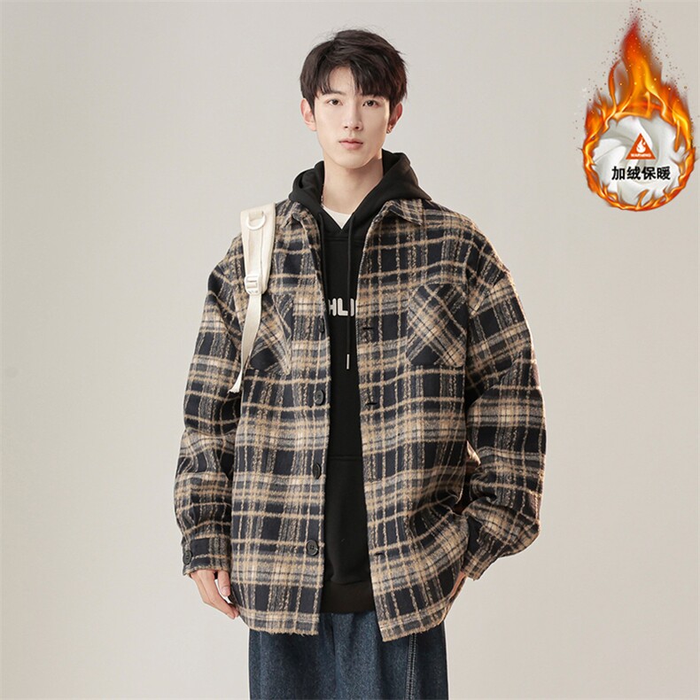 小香风百搭夹克外套拼色复古翻领宽松衬衫男C2166JR（加绒）特P48,男装夹克,电商A007