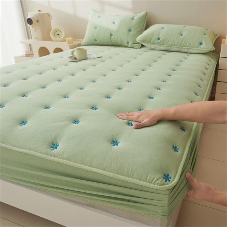 新款点绣款全棉色织水洗棉大豆夹棉床笠，床单，一起卖家纺