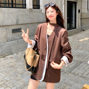 美拉德咖色假两件西装外套女春秋2025新款百搭流行巨好看显瘦西服图片