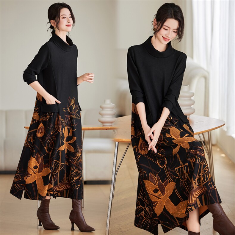 中老年妈妈春秋装中长连衣裙2024新款太宽松提花印花大码长裙，女装连衣裙，缘衣格