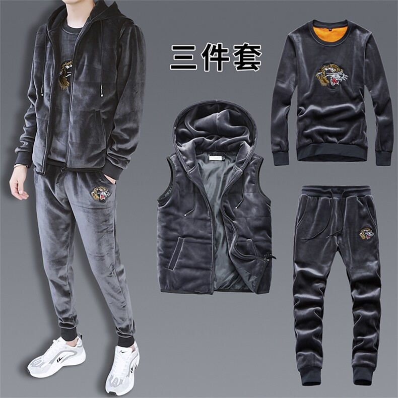 冬季男士金丝绒卫衣套装运动服双面加绒休闲服三件套DS256T图片