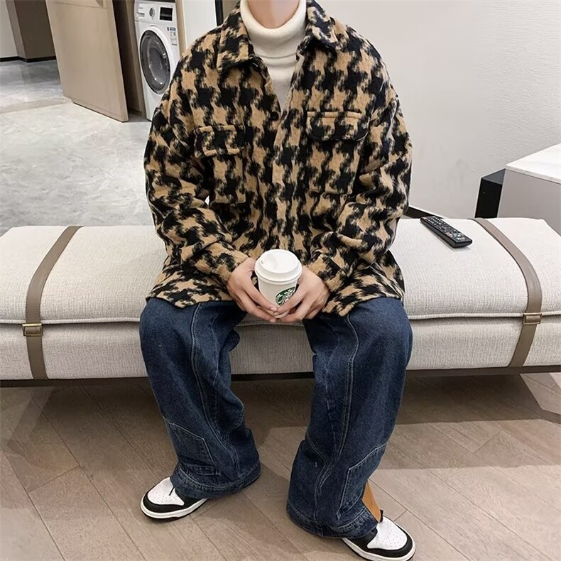 千鸟格呢子大衣男秋冬季港味复古百搭上衣古着毛呢外套潮,女装短外套,星座506A