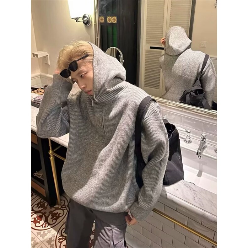 网络图，半拉链连帽男款潮牌宽松慵懒风针织衫XZ302B-1-M3115P55,男装针织衫/毛衣,星座302B-1