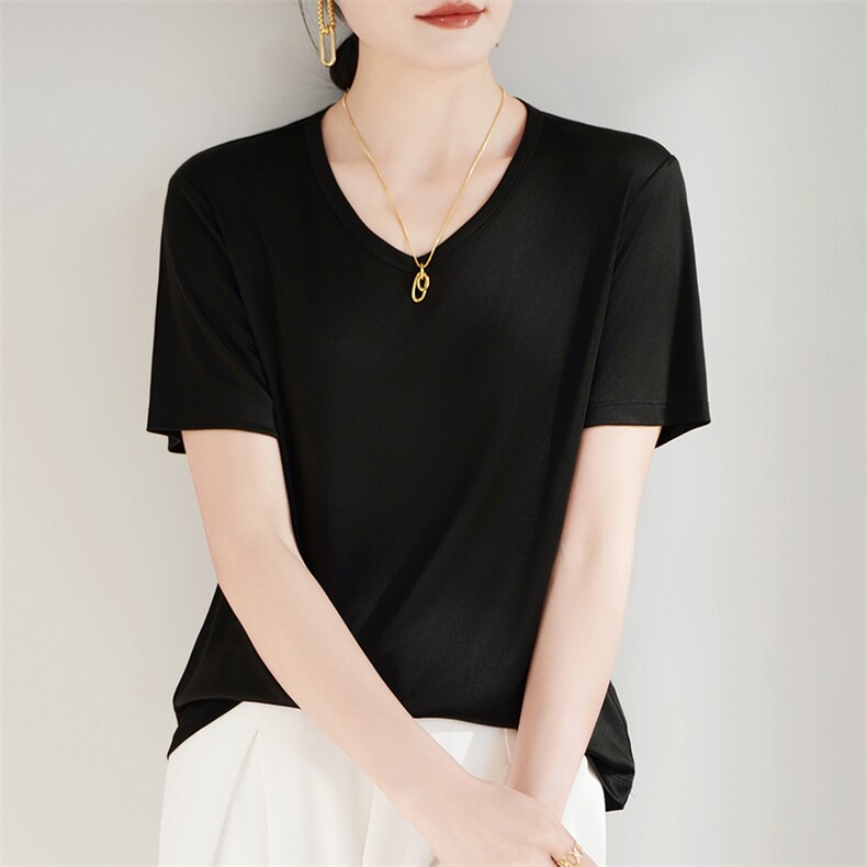 日本进口高级三醋酸T恤女宽松显瘦V领短袖仿真丝气质上衣2025夏,女装衬衫,暖烁羊绒