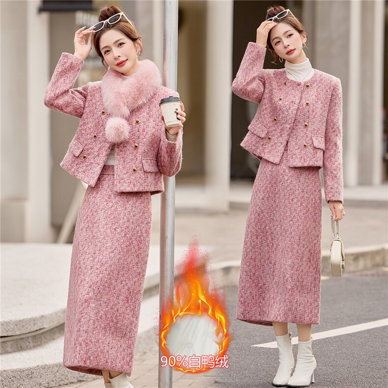 2026年冬季新款小香风长款裙子高级法式套装90羽绒服真狐狸毛领子，女装套装/套裙，小九月