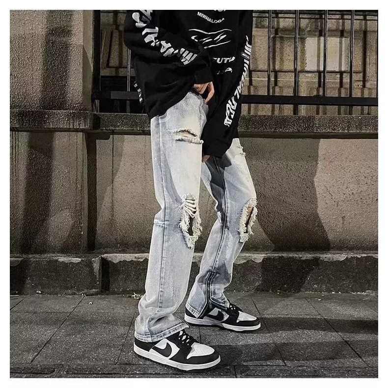 夏季vibe高街百搭潮牌破洞牛仔裤男宽松痞帅直筒休闲阔腿地拖,男装牛仔裤,星座218-1（原230）