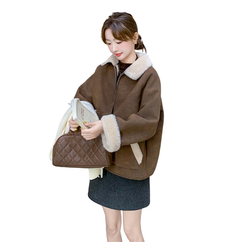 咖色皮毛一体羊羔毛外套韩系甜酷加绒棉服6087P190K278，女装棉衣/棉服，2C166