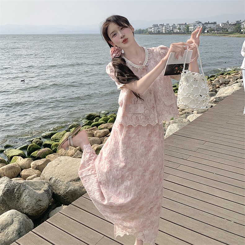 小香风时尚套装女夏2025新款流行洋气蕾丝韩系夏日绝美穿搭两件套,女装套装/套裙,2C301