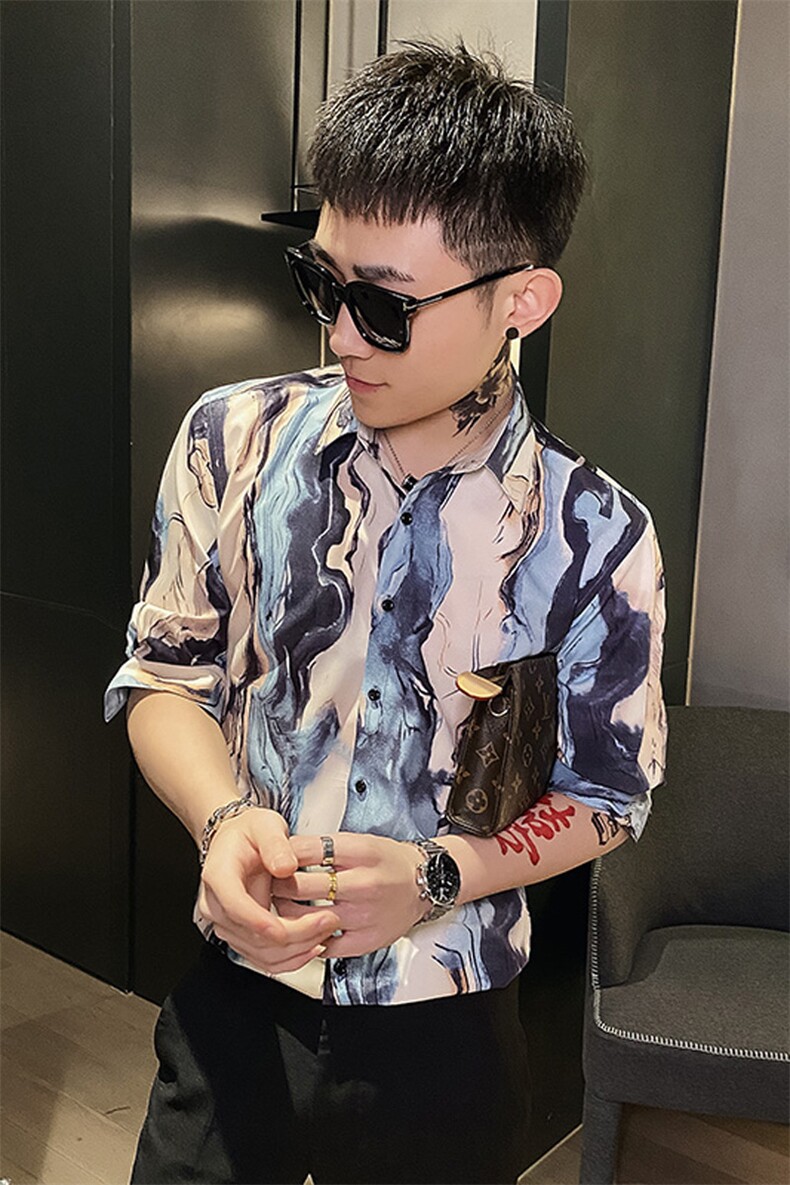 312A-117-P55新款社会小伙中袖衬衫韩版潮流男士五分袖衬衣B,男装T恤,星座312A-5