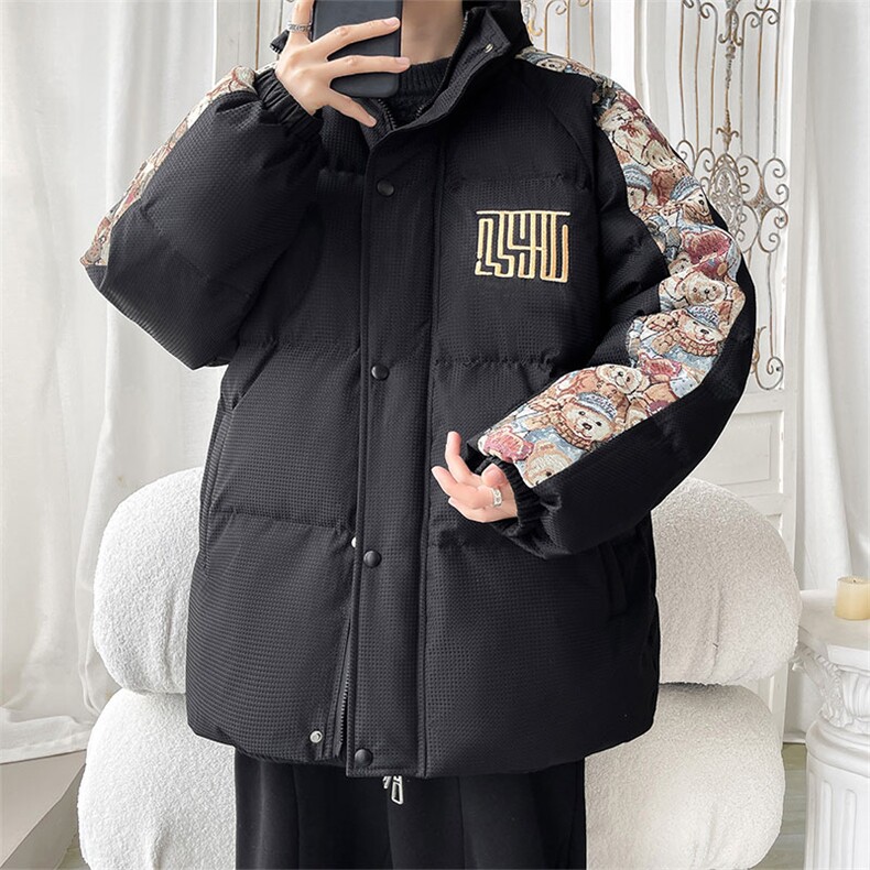 特批70冬季小熊刺绣印花宽松加厚连帽保暖校园情侣外套MY0069,男装棉衣,电商A128