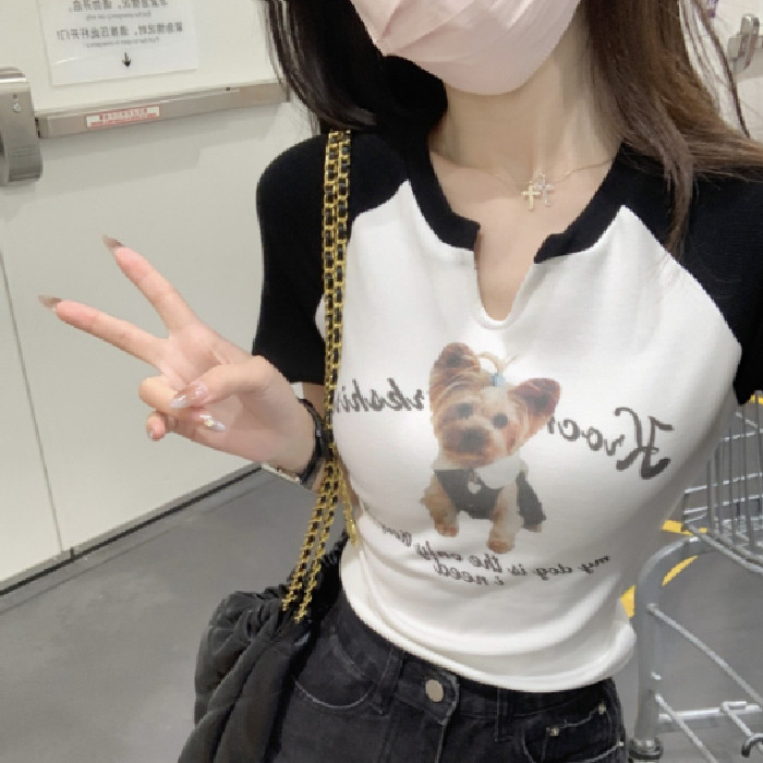 美式复古短袖T恤女夏季V领纯棉修身短款上衣ZT5965-P38,女装T恤,电商B245