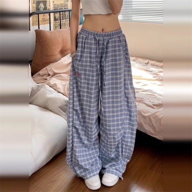 ins无品牌蓝色格子高腰休闲裤女春秋宽松潮流行潮流慵懒气质新款,女装休闲裤,星座1210-1