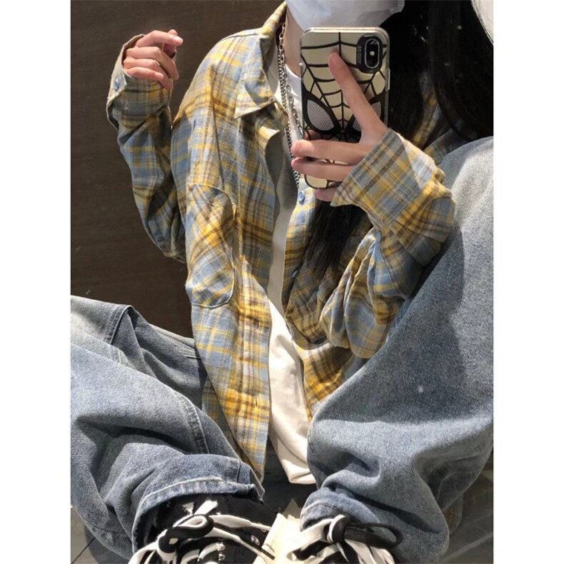 现货 黄蓝格子长袖衬衫男美式格纹衬衣小众设计情侣外套K342-P45图片
