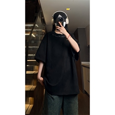 港风大码日系复古麂皮绒宽松套头圆领短袖T恤XZ213-T061-P35控48，男装T恤，星座213