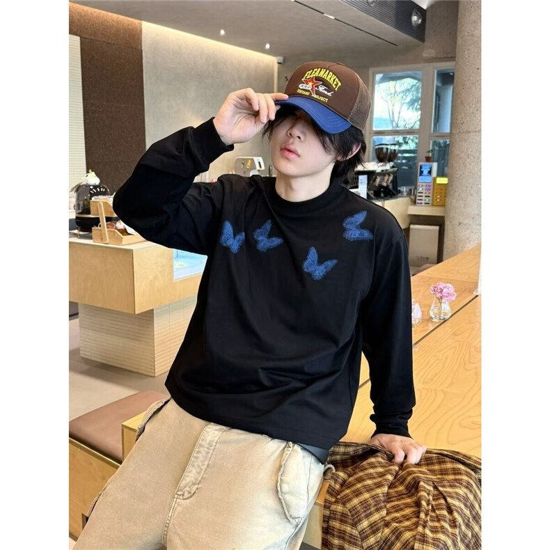 暗黑挪威篮蝴蝶印花长袖小众宽松高街长袖上衣T9928-P37,男装T恤,星座208-5