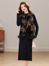 冬季新款重工小立领新中式立体花卉刺绣加棉真毛马甲两件套裙女，女装套装/套裙，央宝儿