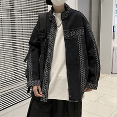 ins秋港风嘻哈拼接工装夹克牛仔外套男JK02061-P70，男装夹克，星座308B-1