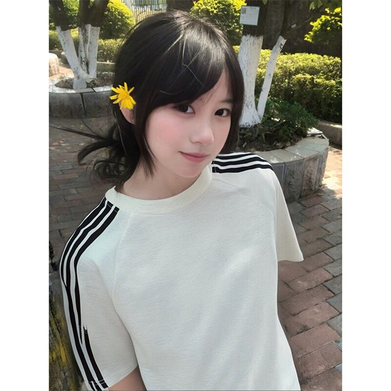 抖音得物品质二开240克宽松纯棉美式潮牌印花三条杠中性风短袖T恤,男装T恤,电商A486-1