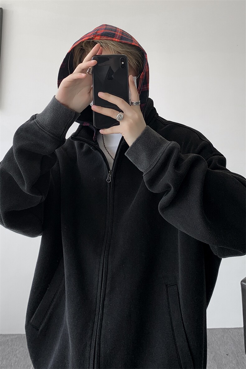 美式做旧假两件连帽卫衣男秋季潮牌拉链拼接格子开衫外套WY20P78,女装短外套,电商D206-1
