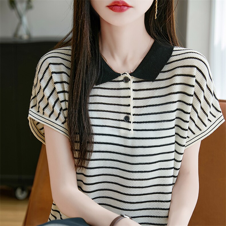 法式短袖娃娃脸针织T恤衫女2025夏季新款条纹莱赛尔休闲显瘦上衣,女装蕾丝衫/雪纺衫,羿纯羊绒