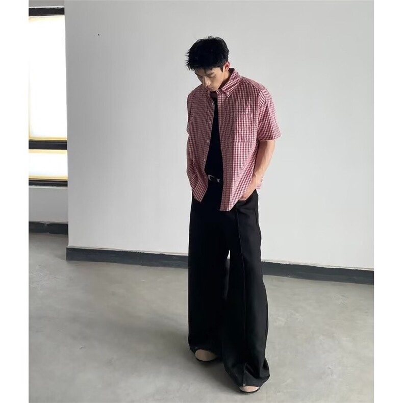 夏天日系红色小格子衬衫男短袖纯棉薄款潮流韩版港风休闲半袖衬衣,男装T恤,星座1210-1
