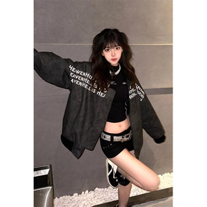 复古字母刺绣麂皮绒棒球服外套男女秋季高街夹克 JW732图片