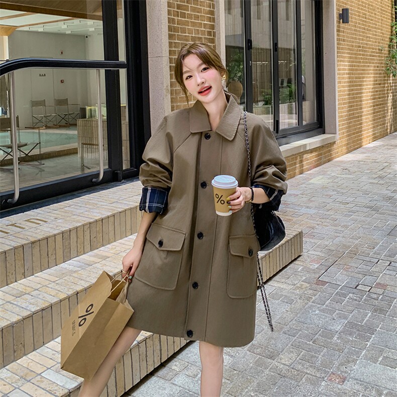 卡其风衣外套女2025秋显瘦韩式小个子垂感中长款翻领通勤复古大衣,女装风衣,2C029