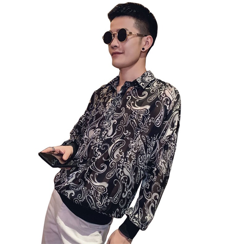 社会风春秋碎花宽松长袖套头衬衫上衣B297-C03-P58控78,男装衬衫,电商B297