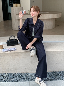 （新款现货）2026春装时尚潮流天丝牛仔拉链阔腿裤套装两件套图片
