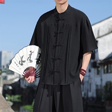 风泡泡压皱条纹褶皱轻薄透气春夏休闲手工盘扣短袖上衣30506，男装T恤，星座305A（原312A-1）