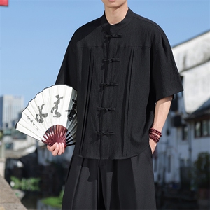 风泡泡压皱条纹褶皱轻薄透气春夏休闲手工盘扣短袖上衣30506图片
