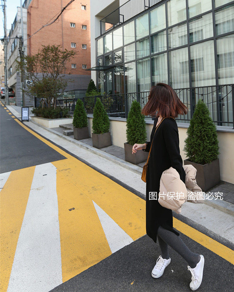 秋冬新款韩版V领中长款过膝长袖针织连衣裙女宽松显瘦打底毛衣裙,女装连衣裙,美莎羊绒