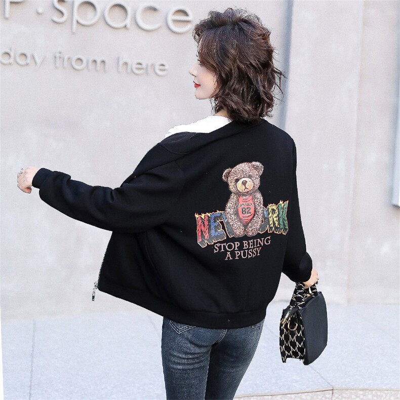 小个子短款棒球服女2025年春秋季新款百搭时尚小熊印花长袖外套,女装短外套,天丽