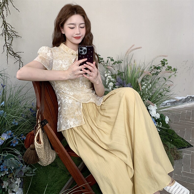 新中式国风提花连衣裙女2025夏季日系慵懒感气质拼接假两件连衣裙,女装连衣裙,2C332