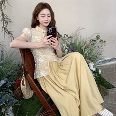 新中式国风提花连衣裙女2025夏季日系慵懒感气质拼接假两件连衣裙，女装连衣裙，2C332