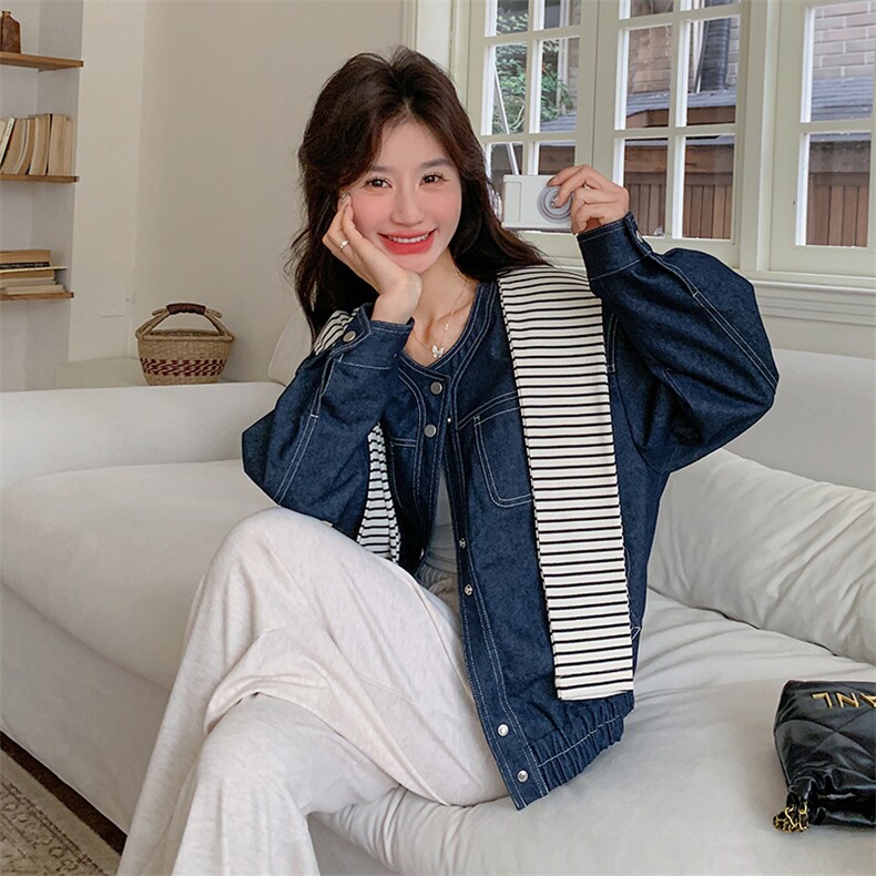 条纹披肩深色超火牛仔短外套女2025春季新款港味复古chic夹克上衣,女装短外套,帛锦泉