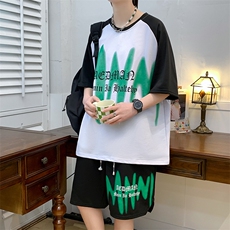 新款夏季短袖t恤套装冰丝透气港风宽松运动青少年男装DF323P48，男装休闲套装，电商A086