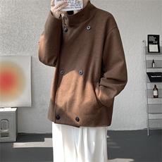 WT520-P95秋冬翻领双排扣人字纹呢大衣男士短款加棉加厚外套，女装短外套，电商A058-1（原电商C417）