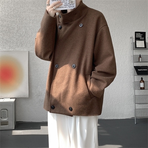 WT520-P95 秋冬翻领双排扣人字纹呢大衣男士短款加棉加厚外套图片