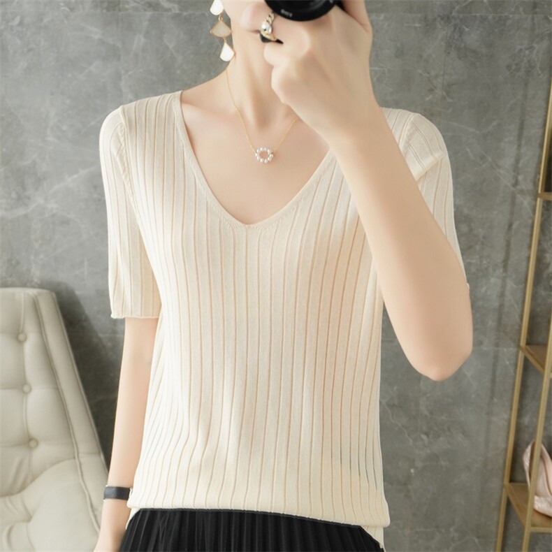 时尚V领短袖针织衫显瘦修身百搭毛衣夏季单品，女装针织衫/毛衣，暖姿羊绒