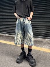 N151-P55美式高街闪电纹扎染牛仔七分短裤夏季休闲中裤阔腿短裤，男装牛仔裤，电商B327