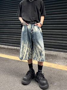 N151-P55 美式高街闪电纹扎染牛仔七分短裤夏季休闲中裤阔腿短裤图片
