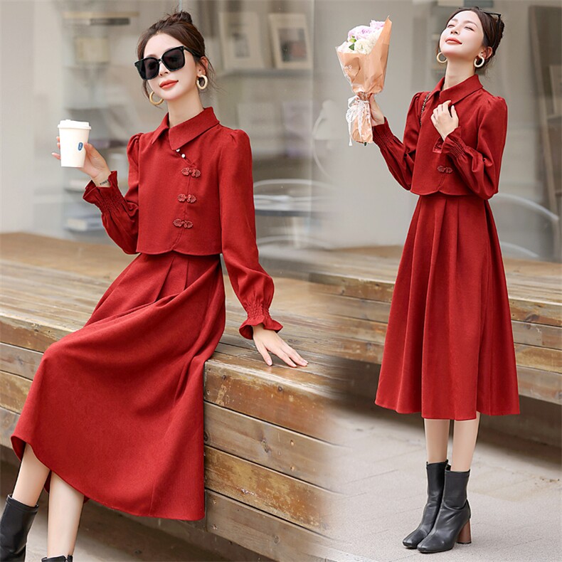 高级感新中式复古盘扣连衣裙2025秋季新品时尚两件套长袖中长裙女，女装连衣裙，意芙