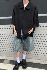褶皱纹理解构拉链翻领黑色cleanfit短袖衬衫男高级感休闲上衣男潮，男装衬衫，星座505-2（原电商A260-1)