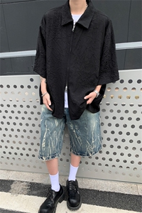 褶皱纹理解构拉链翻领黑色cleanfit短袖衬衫男高级感休闲上衣男潮图片